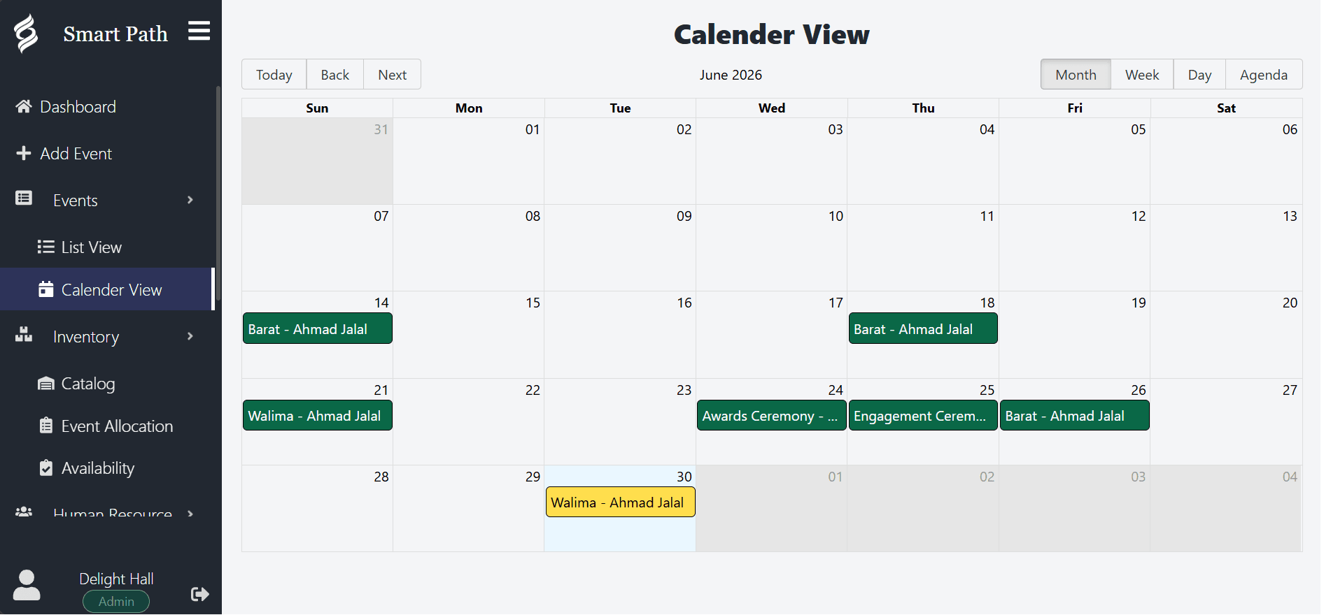 Smart Path calendar view showing a month of booked events across day, week, month and agenda tabs